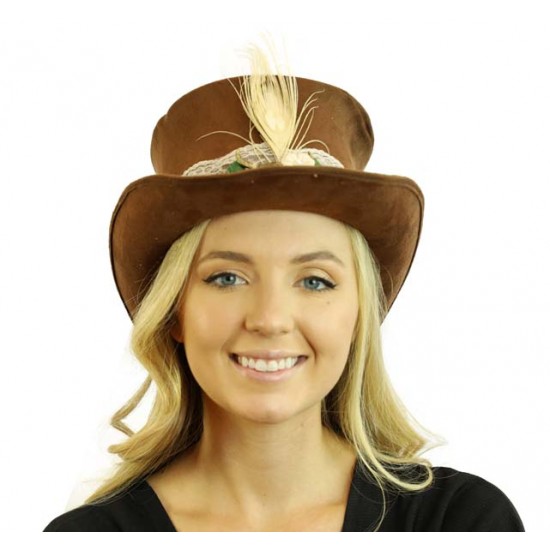Brown White Feather Steampunk Hat