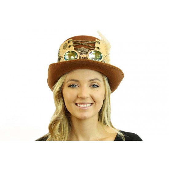 Beige Steampunk Goggles Feather Hat