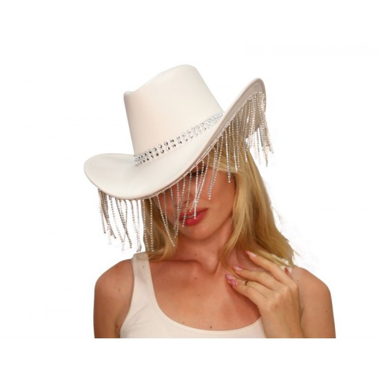White Rhinestone Fringe Cowboy Hat