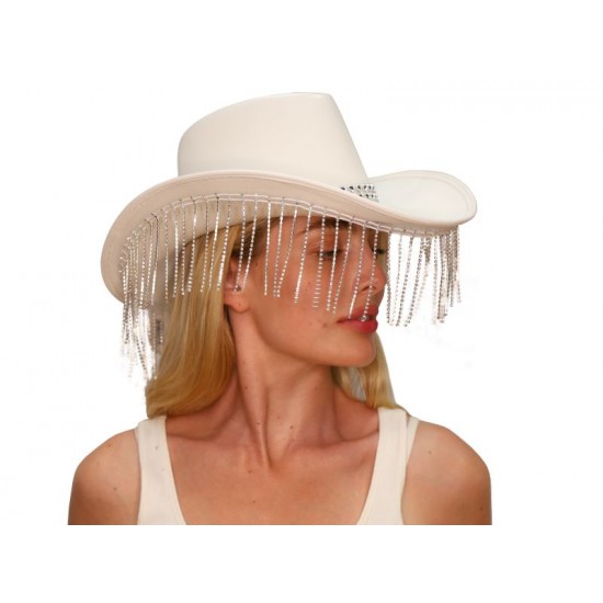 White Rhinestone Fringe Cowboy Hat