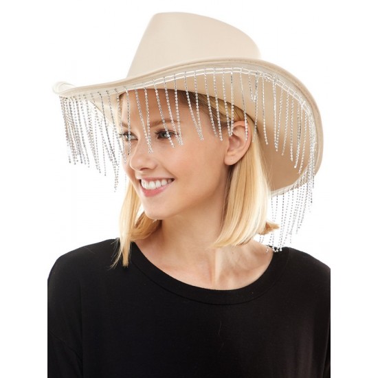 Beige Rhinestone Fringe Cowboy Hat