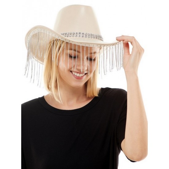 Beige Rhinestone Fringe Cowboy Hat