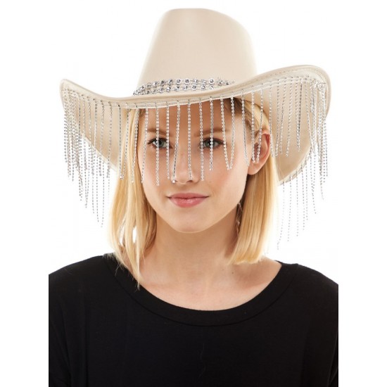 Beige Rhinestone Fringe Cowboy Hat