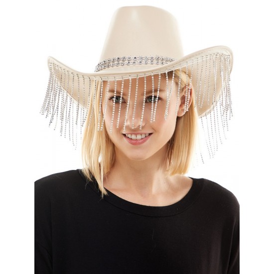 Beige Rhinestone Fringe Cowboy Hat