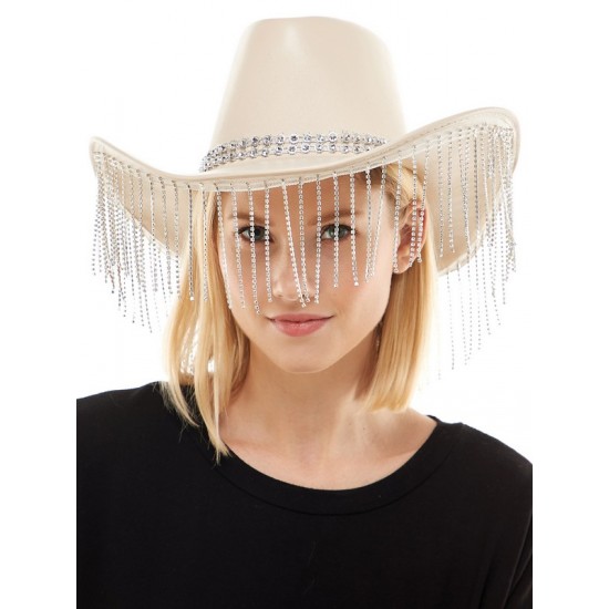 Beige Rhinestone Fringe Cowboy Hat