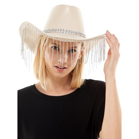 Beige Rhinestone Fringe Cowboy Hat
