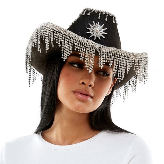 Black Rhinestone Fringe Cowboy Hat