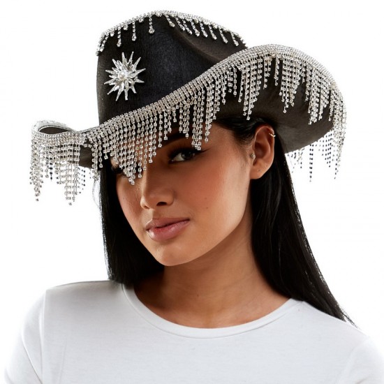 Black Rhinestone Fringe Cowboy Hat