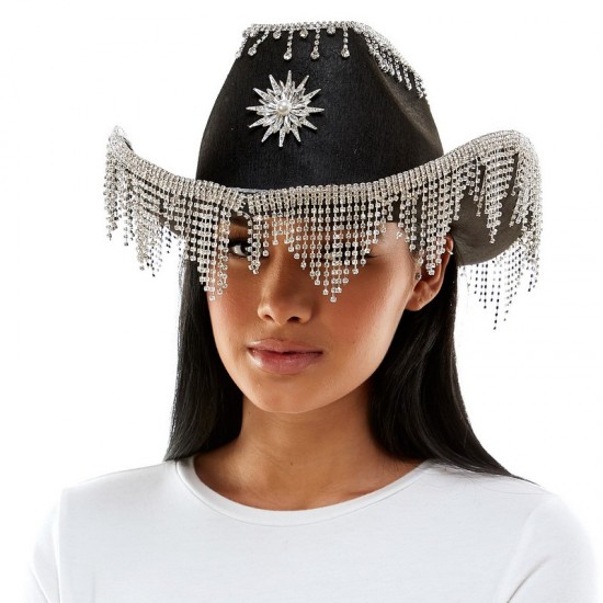 Black Rhinestone Fringe Cowboy Hat