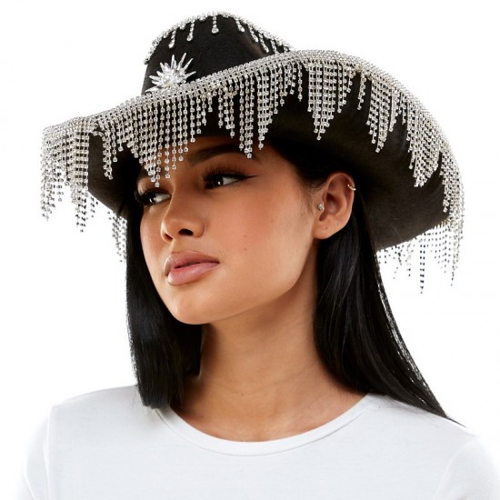 Black Rhinestone Fringe Cowboy Hat