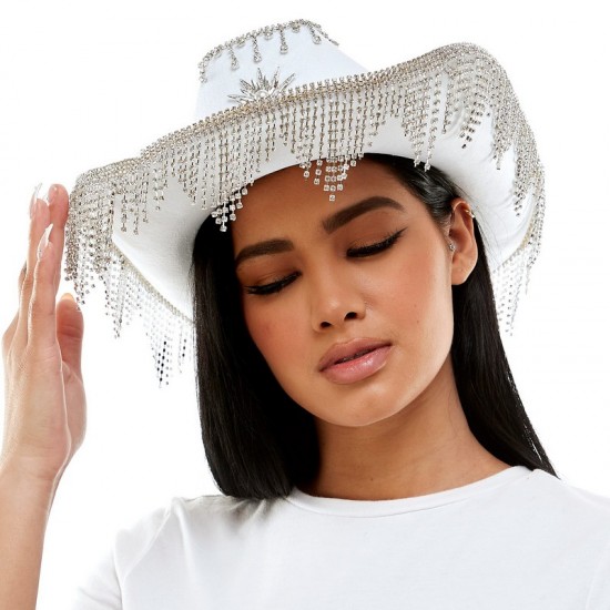 White Rhinestone Fringe Cowboy Hat White Rhinestone Fringe Cowboy Hat