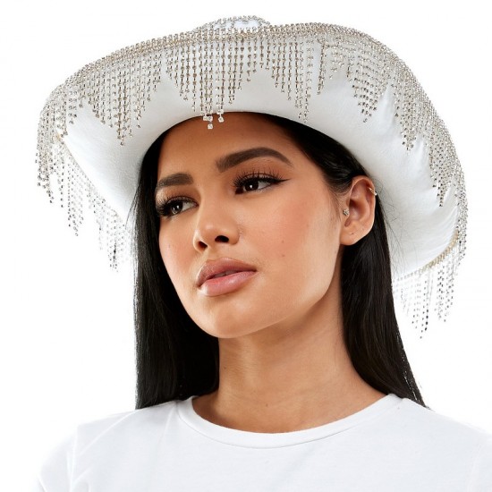 White Rhinestone Fringe Cowboy Hat White Rhinestone Fringe Cowboy Hat