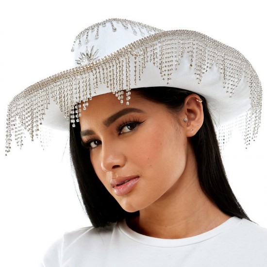 White Rhinestone Fringe Cowboy Hat White Rhinestone Fringe Cowboy Hat