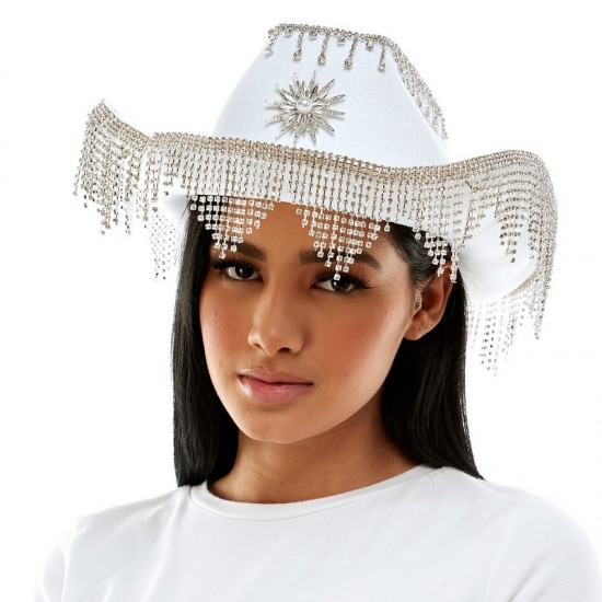 White Rhinestone Fringe Cowboy Hat White Rhinestone Fringe Cowboy Hat