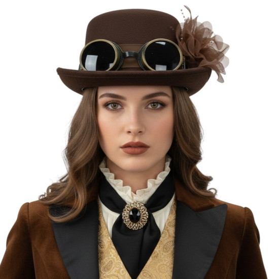 Brown Suede Steampunk Hat With Goggles