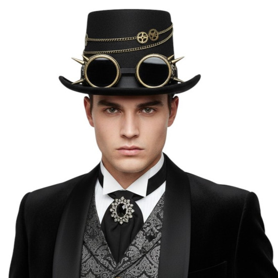 Black Steampunk Spiked Chain Goggles Hat