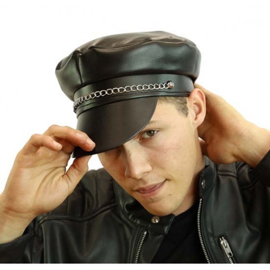 Black Faux Leather Chain Cap