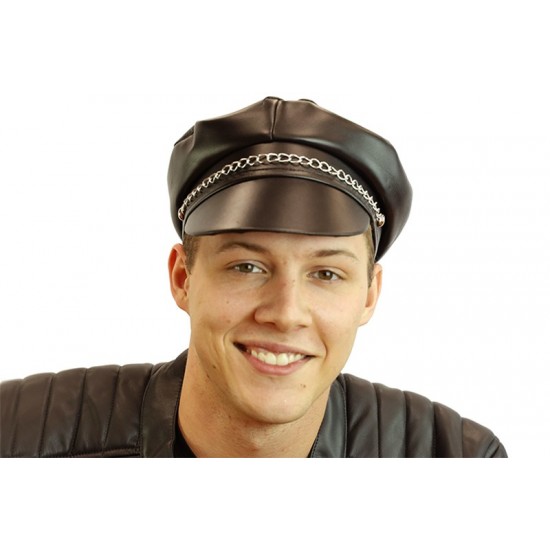 Black Faux Leather Chain Cap