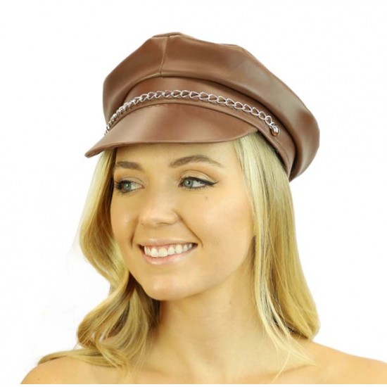 Brown Faux Leather Chain Cap