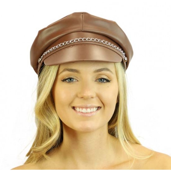 Brown Faux Leather Chain Cap