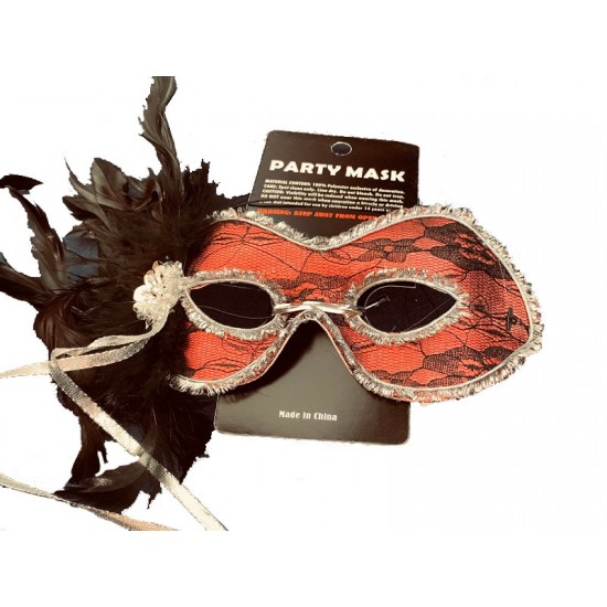 Red & Black Feather Lace Party Mask