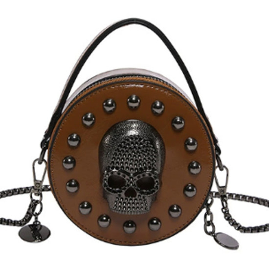 Brown Studded Skull Mini Crossbody Bag