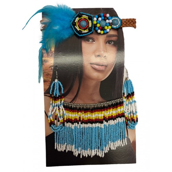 Blue Feather Beaded Accessory Set
