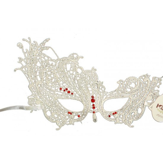 White Swan Lace Mask with Red Gems