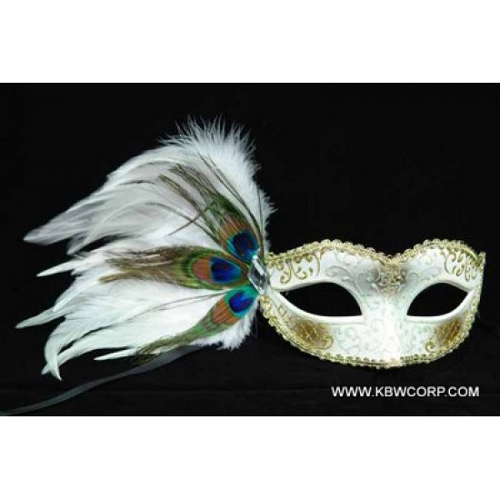 White & Gold Mask with Peacock Feathers
