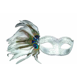 White & Silver Mask with Peacock Feathers