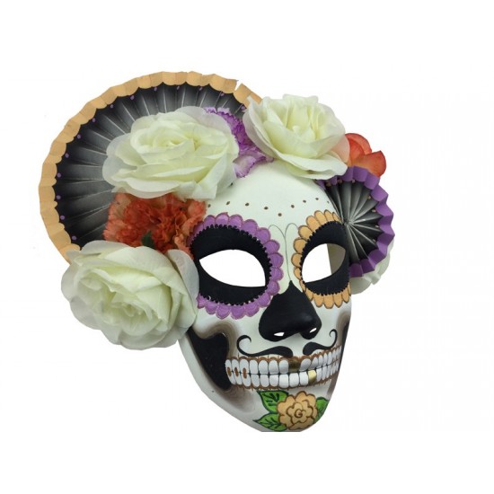 Day of the Dead Skull Mask With Fans and Flowers