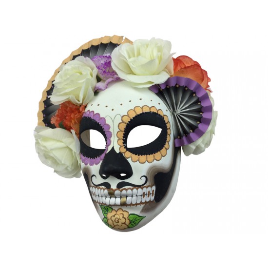 Day of the Dead Skull Mask With Fans and Flowers