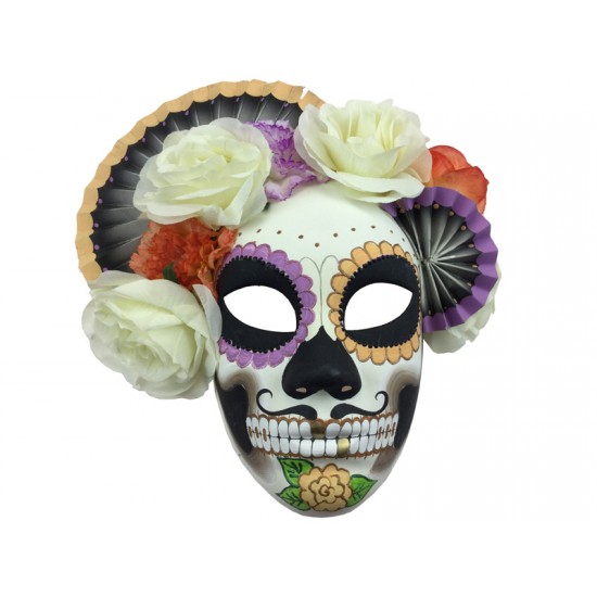 Day of the Dead Skull Mask With Fans and Flowers
