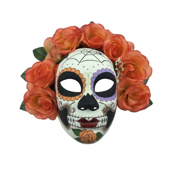 Day of the Dead Skull Mask With Orange Roses