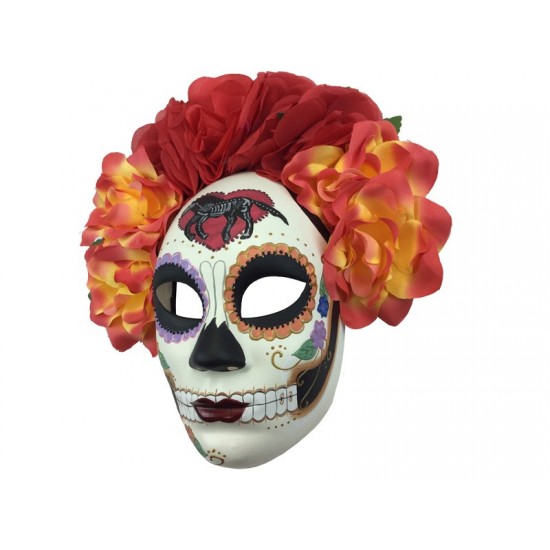 Day of the Dead Skull Mask With Red and Yellow Flowers
