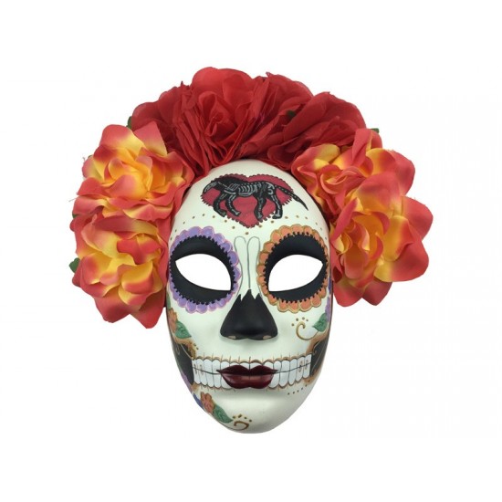 Day of the Dead Skull Mask With Red and Yellow Flowers