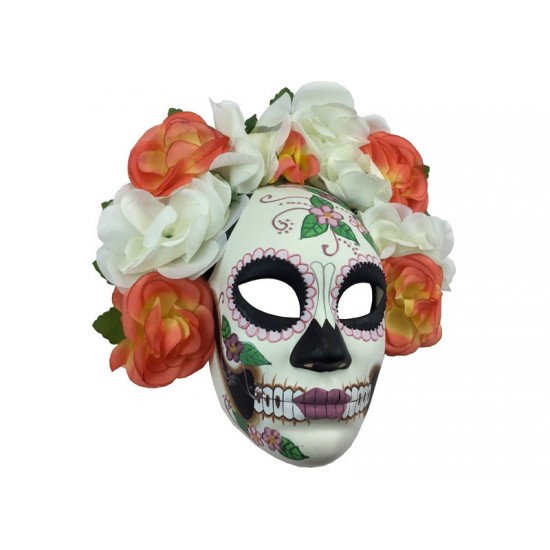 Day of the Dead Skull Mask With Pink Flowers