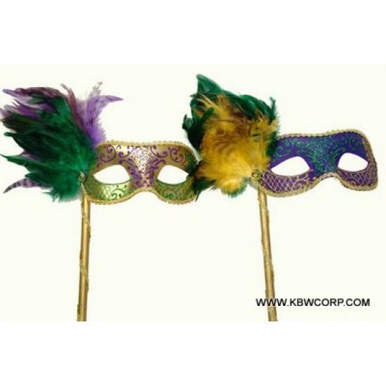 Mardi Gras Feather Mask On Stick - Assorted Mardi Gras Feather Mask On Stick - Assorted