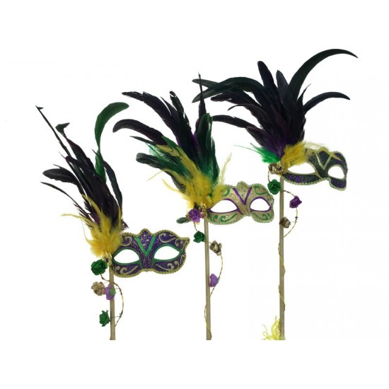 Mardi Gras Feather Mask On Stick - Assorted Mardi Gras Feather Mask On Stick - Assorted