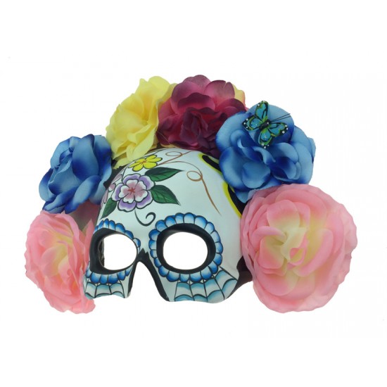 Blue Trim Floral Skull Mask