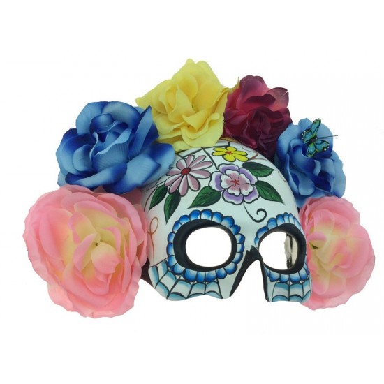Blue Trim Floral Skull Mask