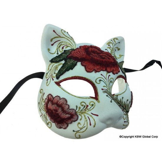 Day of the Dead Cat Red Floral Mask