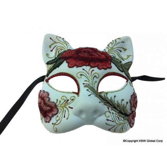 Day of the Dead Cat Red Floral Mask