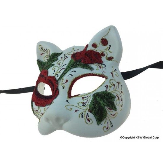 Day of the Dead Cat Mask with Red Rose Embroidery Day of the Dead Cat Mask with Red Rose Embroidery
