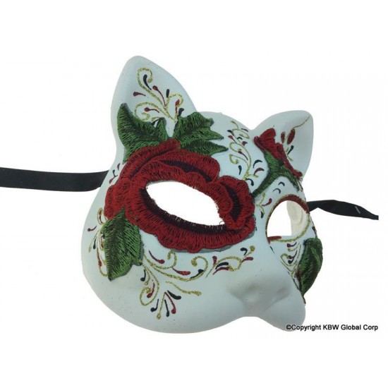 Day of the Dead Cat Mask with Red Rose Embroidery Day of the Dead Cat Mask with Red Rose Embroidery