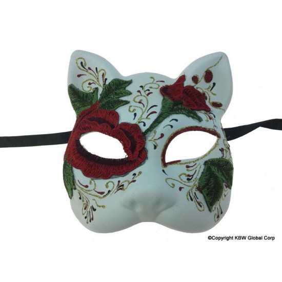 Day of the Dead Cat Mask with Red Rose Embroidery Day of the Dead Cat Mask with Red Rose Embroidery