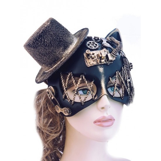 Gold Steampunk Cat Mask with Hat Gold Steampunk Cat Mask with Hat