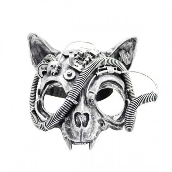 Silver Steampunk Cat Skull Mask