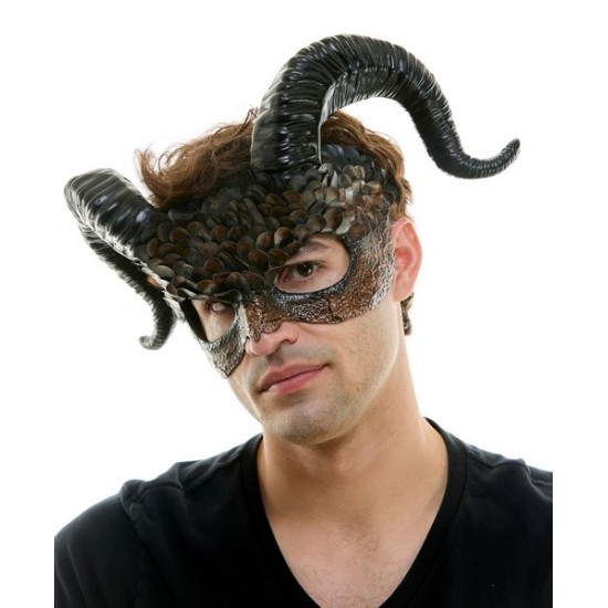 Brown Feathered Ram Horn Mask