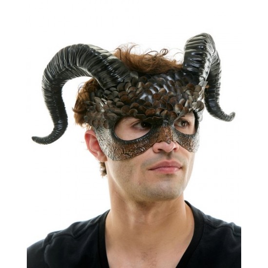 Brown Feathered Ram Horn Mask